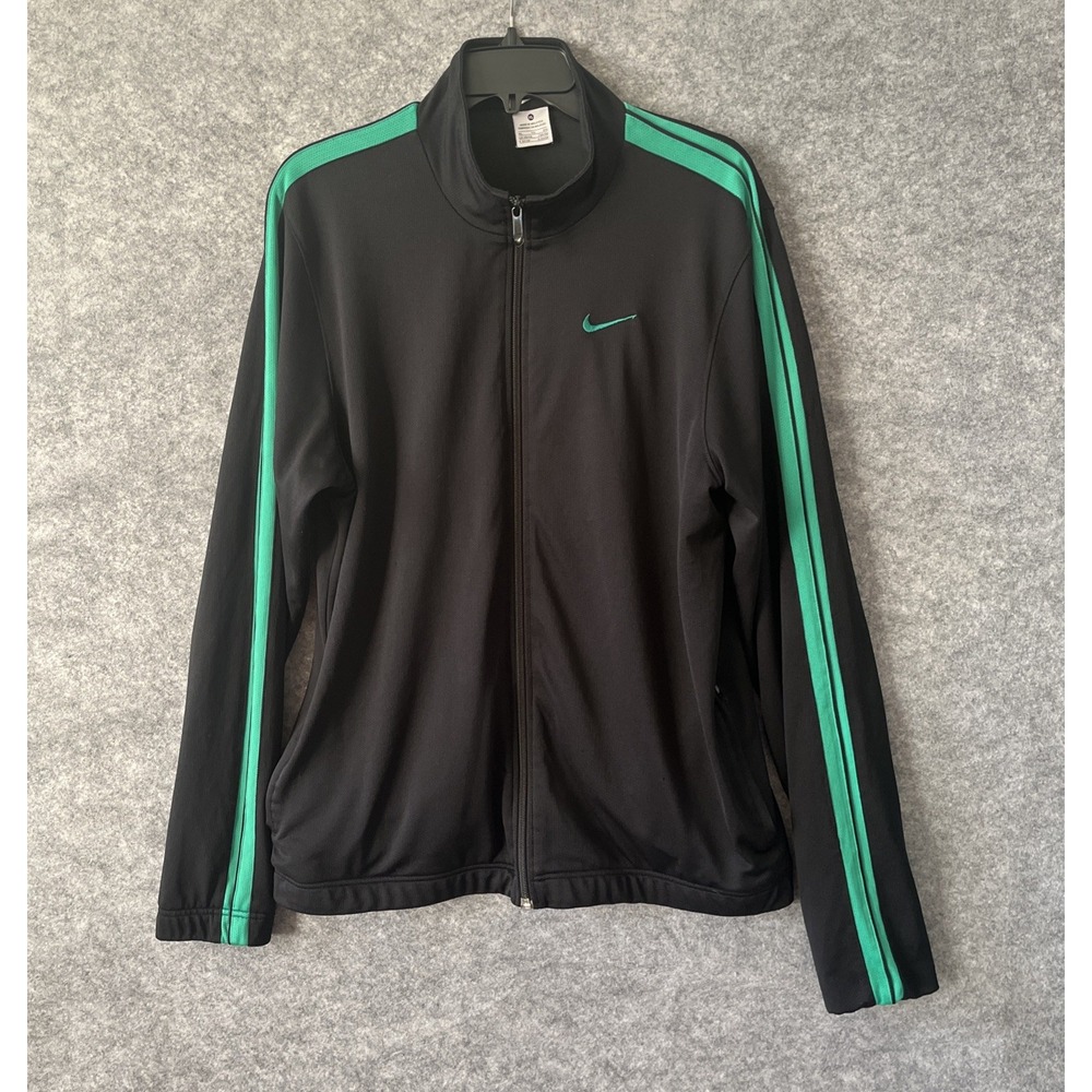 Nike Jacket Men's XL Black Full Zip Green Logo Mock Neck Zip Pockets Y2K Retro